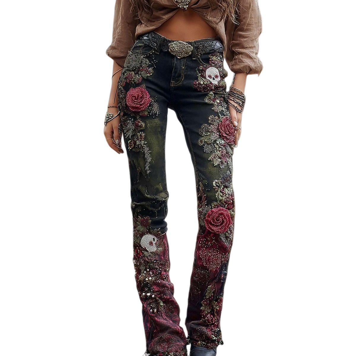 Retro Floral Print Jeans High Waist Slim Imitation Jeans Elegant Casual Trousers